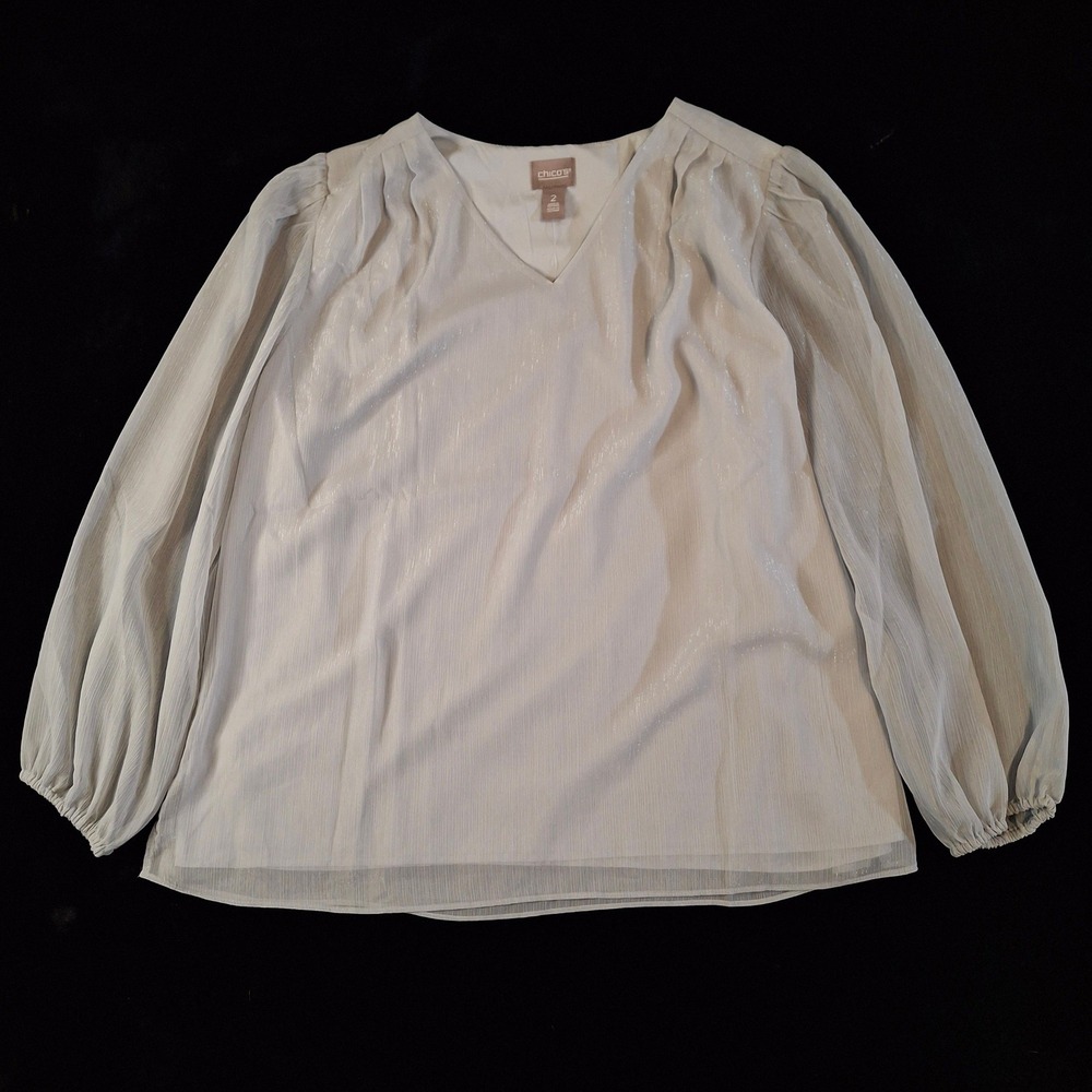 Chico's 2 Womens Large Blouse Gray Metallic Chiffon V-Neck Long Sleeve NWT
